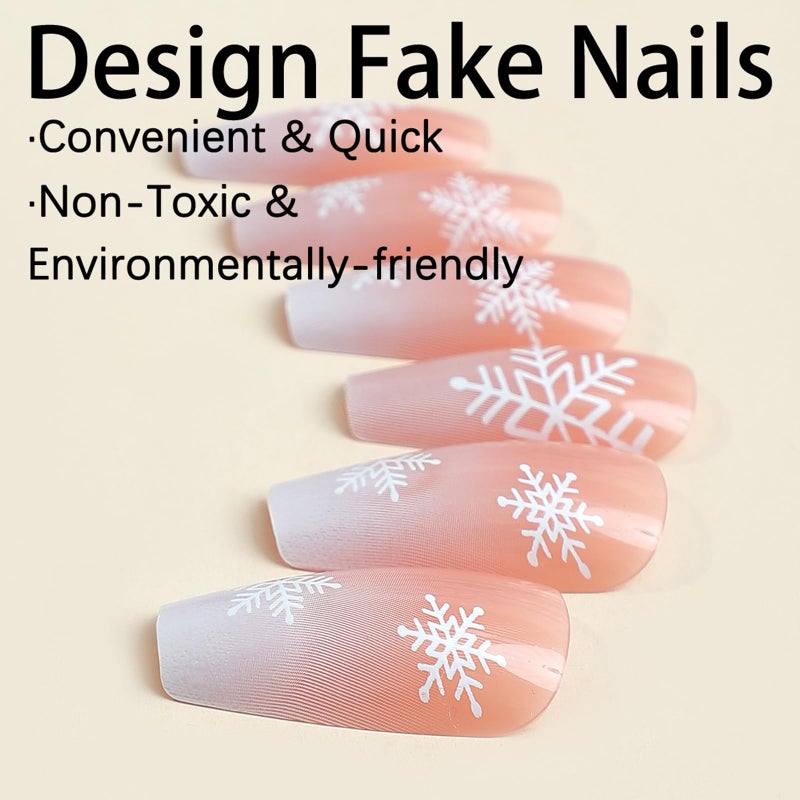 Nobeka Christmas Press on Nails - Medium Square Nude Fake Nails White French Tip Snowflake Fake Nails Winter Xmas Stick on Nail, Glossy Glue on False Nail for Women Girls, Salon Quality12 Sizes - 24 Pcs Kit - Image 3